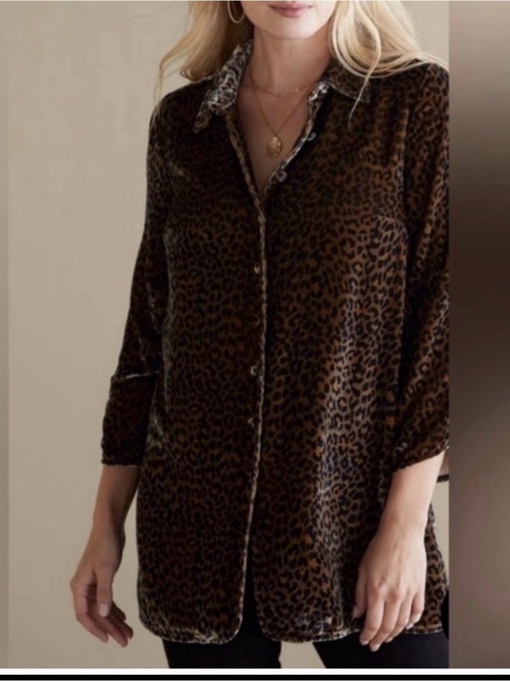 Soft Surroundings Leopard Print Small Icon Silk Velvet Poets Tunic Button  NEW